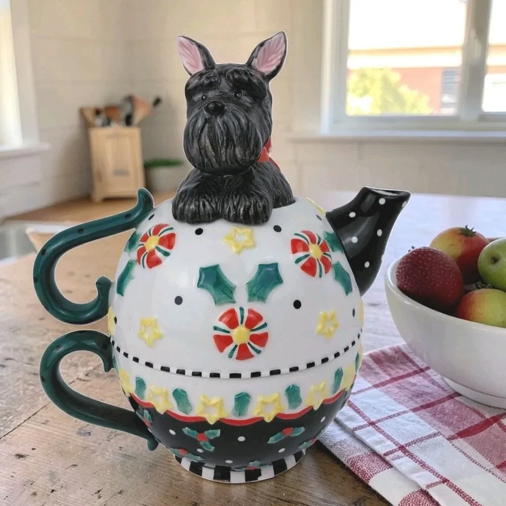 Mary Engelbreit Scottie Dog Teapot Stackable Mug 2001 Scottish Terrier Holiday